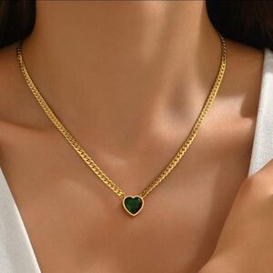 18K Gold Plated emerald green heart necklace snake stainless steel women jewelry